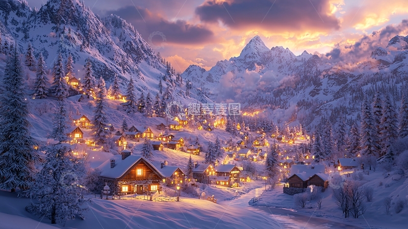 高清大图下载【趣麦麦图】雪山小镇夜景