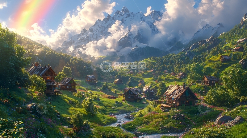 高清大图下载【趣麦麦图】彩虹山村风景