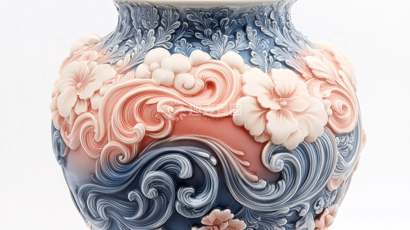 高清大图下载【趣麦麦图】蓝粉色浮雕花卉纹瓷器花瓶