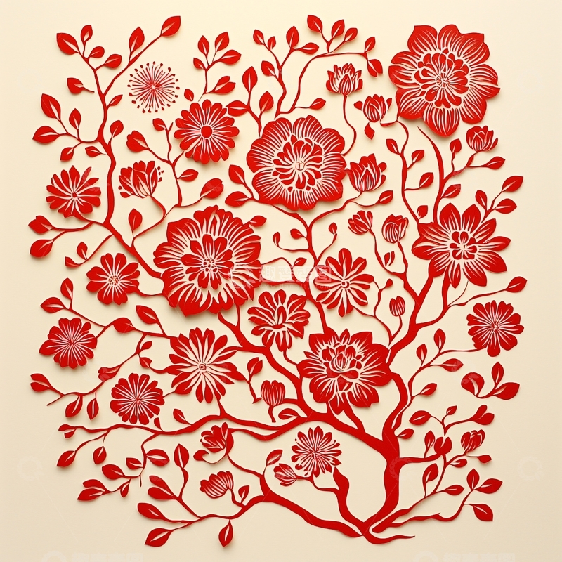 高清大图下载【趣麦麦图】红色花卉剪纸图案