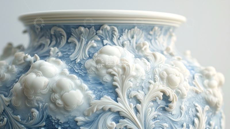 高清大图下载【趣麦麦图】蓝色瓷器浮雕花卉纹理