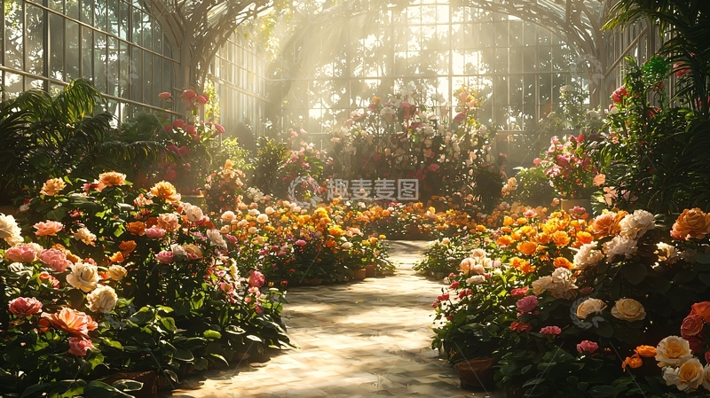 高清大图下载【趣麦麦图】阳光透过树林花海小径