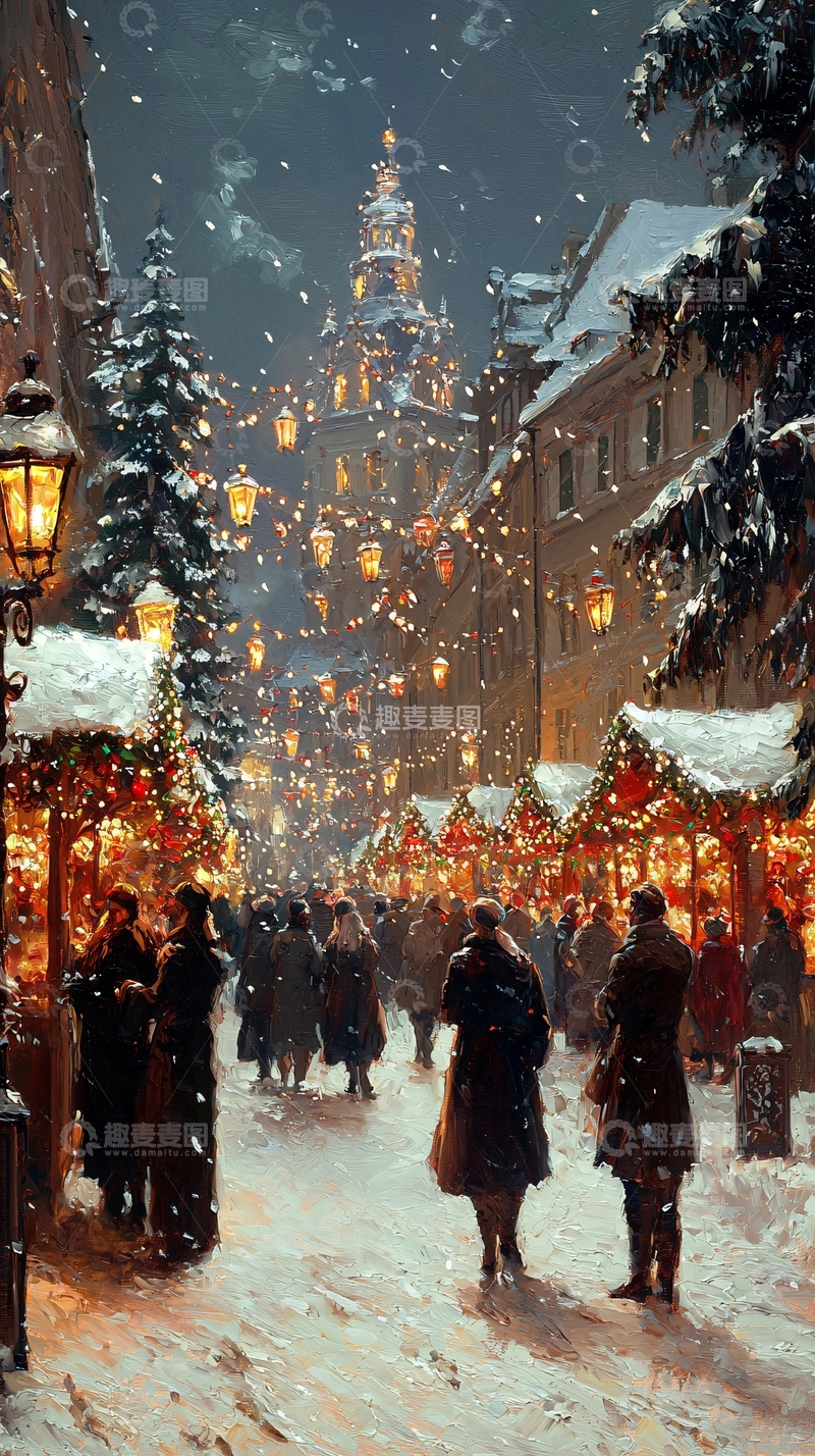 高清大图下载【趣麦麦图】下雪的圣诞集市夜景