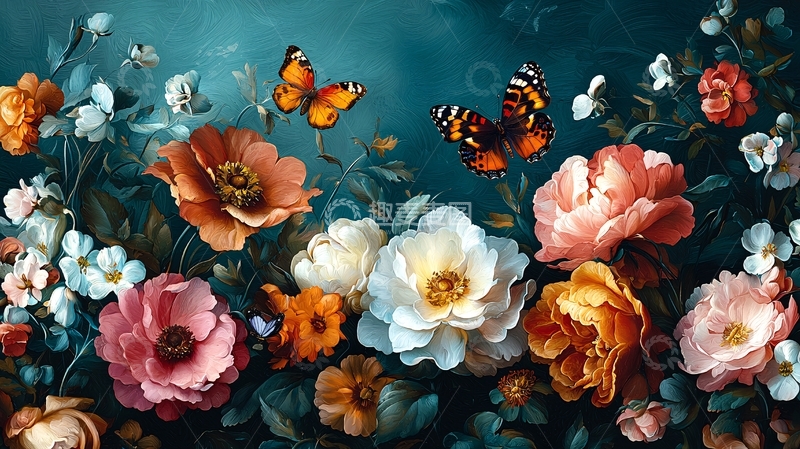 高清大图下载【趣麦麦图】暗色调花卉蝴蝶油画