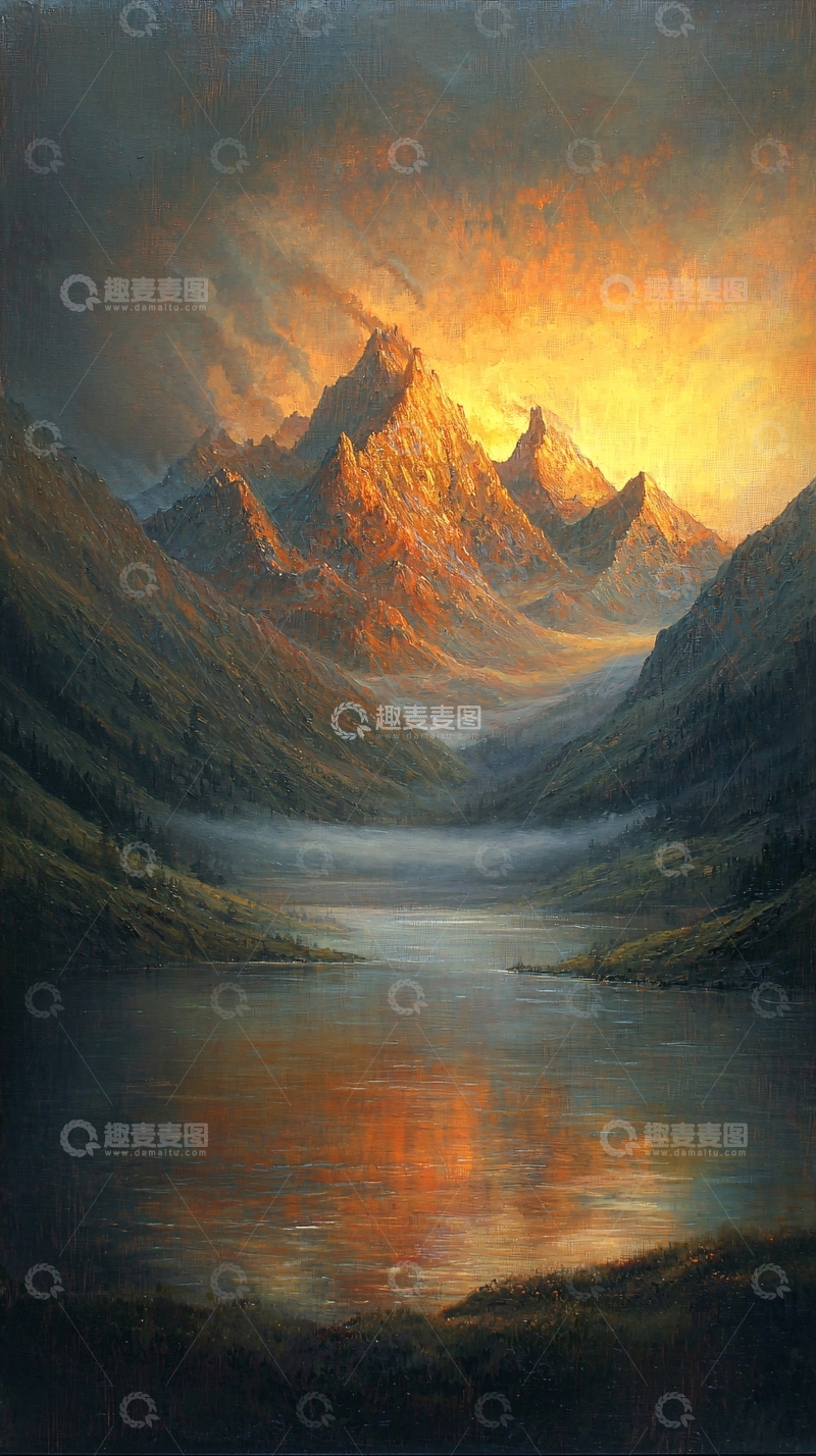 高清大图下载【趣麦麦图】日落山脉湖泊风景画