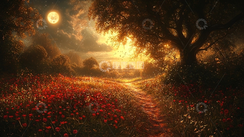 高清大图下载【趣麦麦图】月夜下的红花田野小路