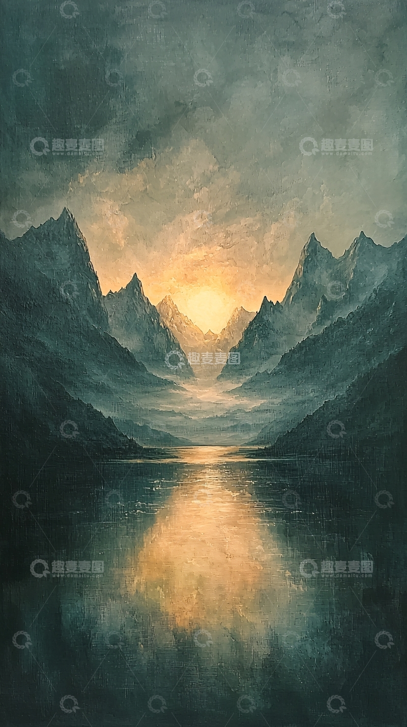 高清大图下载【趣麦麦图】山峦日落湖泊倒影