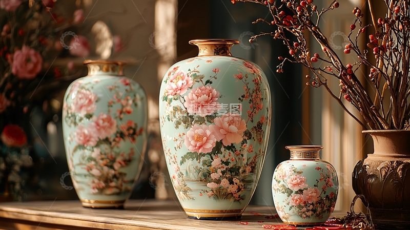 高清大图下载【趣麦麦图】复古花卉瓷瓶套装