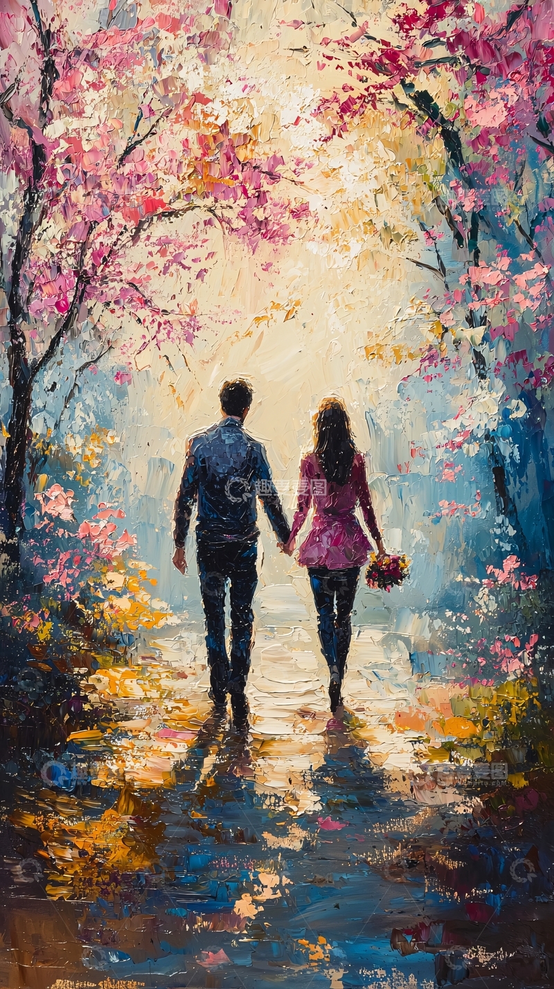 高清大图下载【趣麦麦图】情侣漫步樱花道
