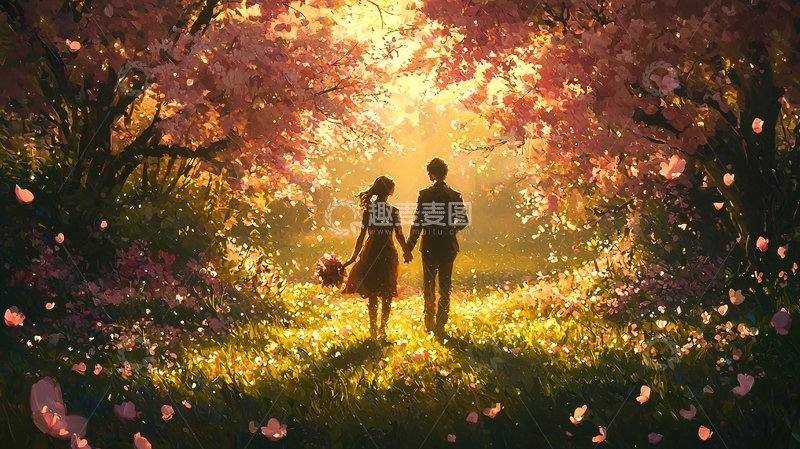 高清大图下载【趣麦麦图】情侣漫步樱花树下