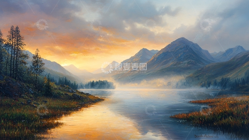 高清大图下载【趣麦麦图】山峦日出湖泊景色