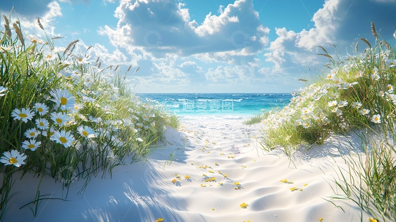 高清大图下载【趣麦麦图】阳光沙滩雏菊花海