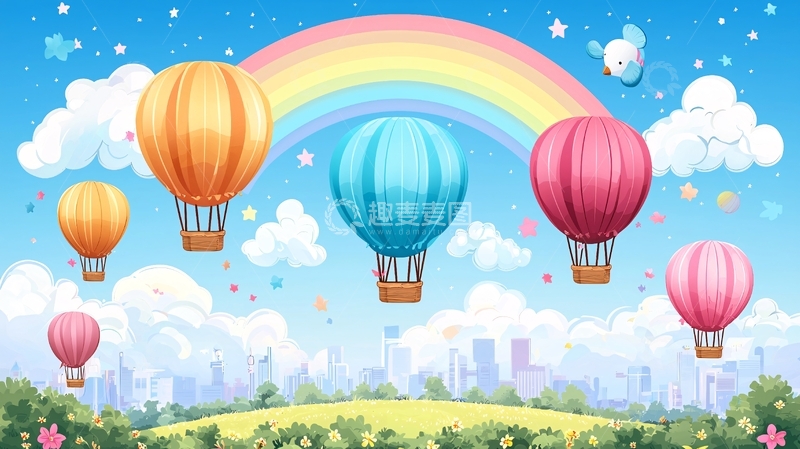 高清大图下载【趣麦麦图】彩虹热气球卡通背景图