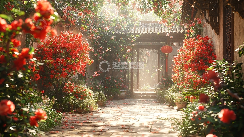 高清大图下载【趣麦麦图】红花绿叶古色古香庭院