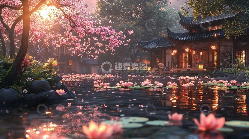 高清大图下载【趣麦麦图】唯美意境樱花古建庭院