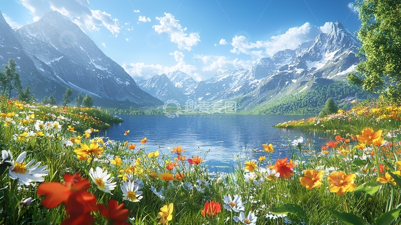 高清大图下载【趣麦麦图】阿尔卑斯山花海湖泊