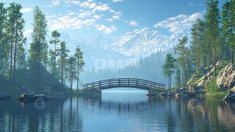 高清大图下载【趣麦麦图】山间木桥湖泊风景