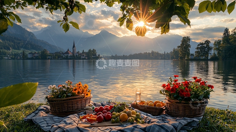 高清大图下载【趣麦麦图】湖边野餐日落美景