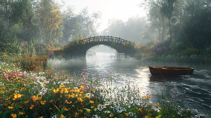 高清大图下载【趣麦麦图】雾气朦胧的拱桥小船