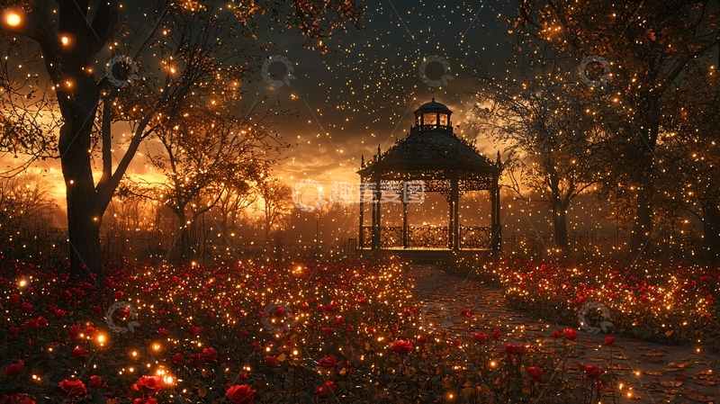 高清大图下载【趣麦麦图】黄昏花园凉亭萤火虫