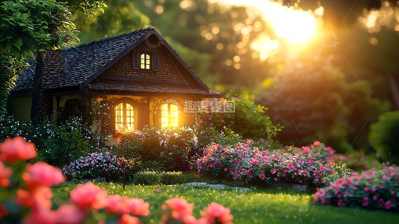 高清大图下载【趣麦麦图】夕阳下的温馨小屋