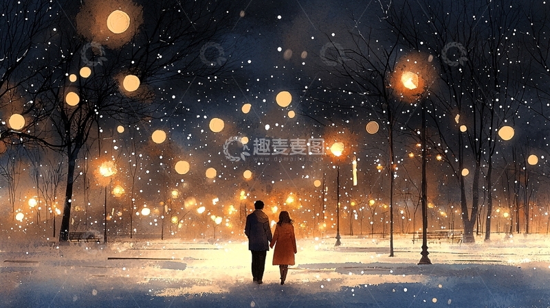 高清大图下载【趣麦麦图】冬夜雪景恋人漫步