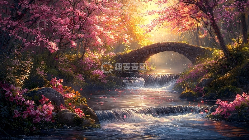 高清大图下载【趣麦麦图】梦幻粉色花海溪流石桥