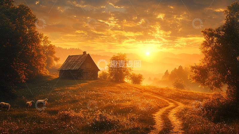 高清大图下载【趣麦麦图】金色晨曦下的乡村小屋