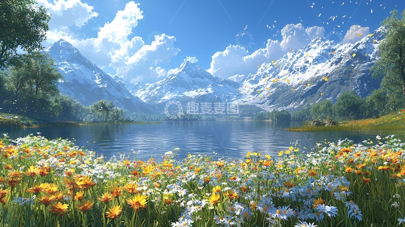 高清大图下载【趣麦麦图】雪山湖泊鲜花美景