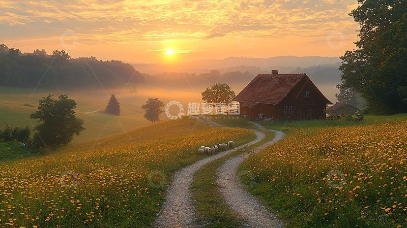 高清大图下载【趣麦麦图】清晨乡间小路木屋日出