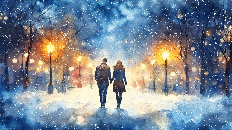 高清大图下载【趣麦麦图】冬夜雪景情侣漫步