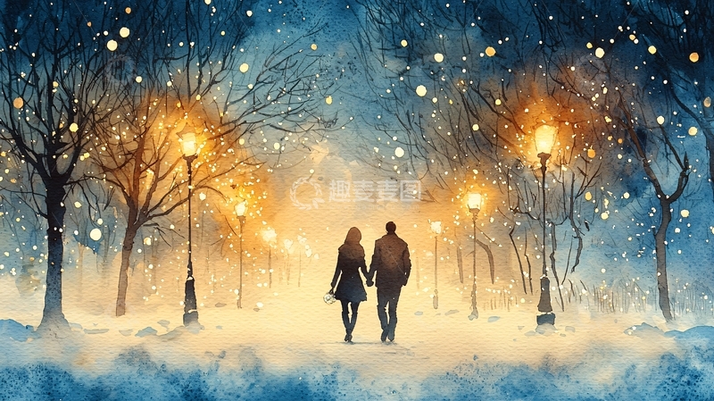 高清大图下载【趣麦麦图】冬夜雪景情侣漫步