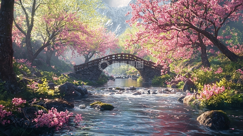 高清大图下载【趣麦麦图】春日小桥流水樱花