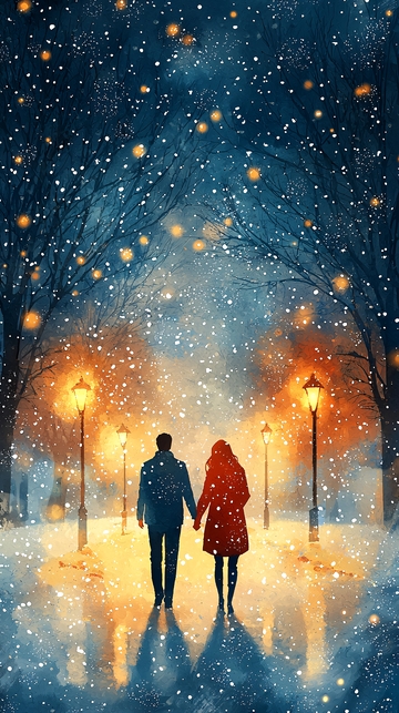 冬日雪夜情侣漫步