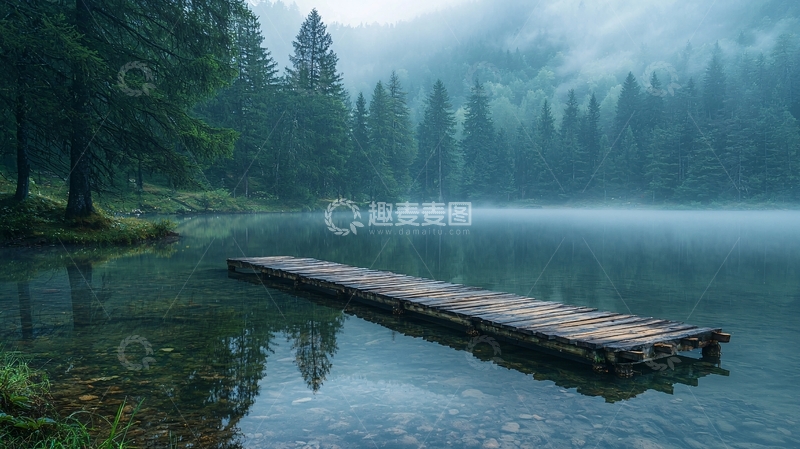 高清大图下载【趣麦麦图】宁静湖面木板延伸至林