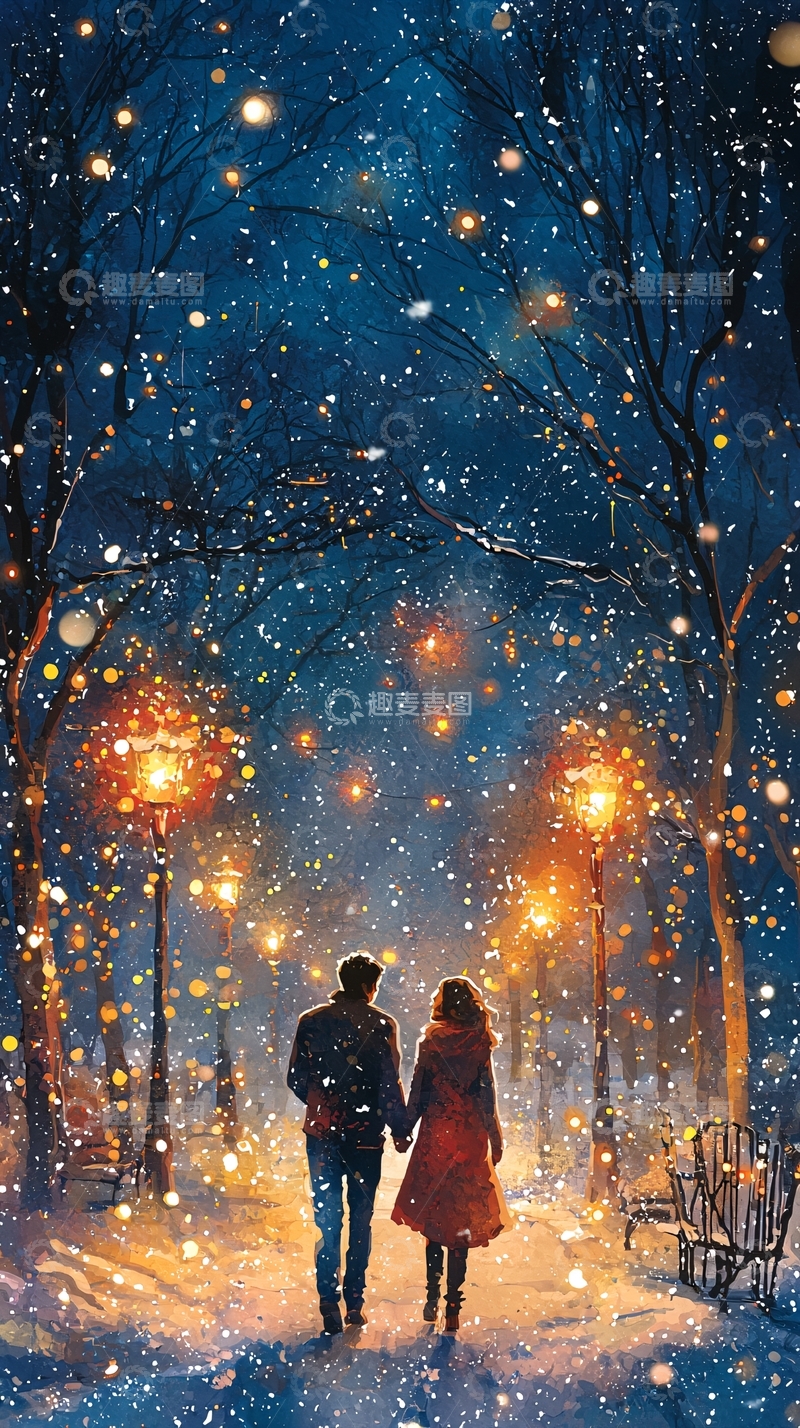 高清大图下载【趣麦麦图】冬夜雪景情侣漫步