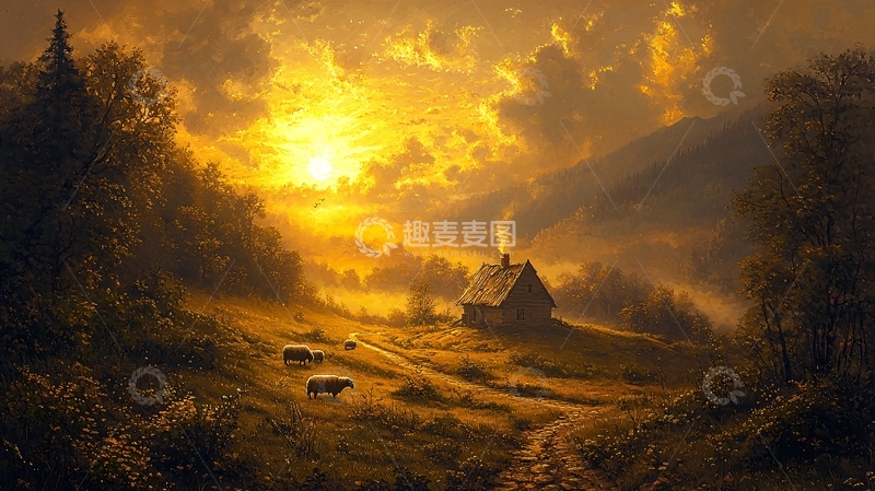 高清大图下载【趣麦麦图】夕阳西下乡村小屋