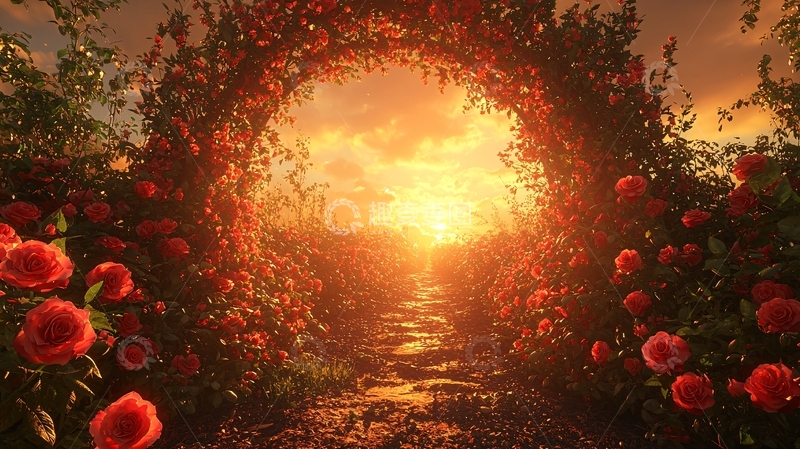 高清大图下载【趣麦麦图】玫瑰花拱门日落