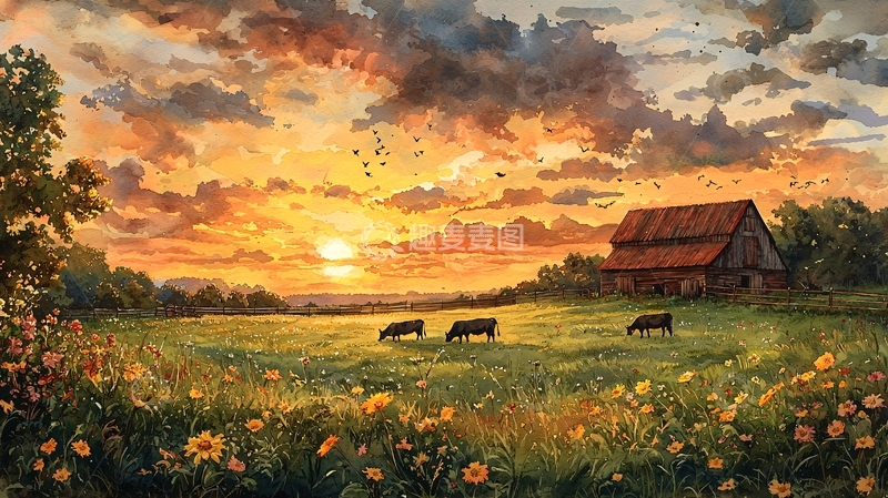 高清大图下载【趣麦麦图】夕阳下的乡村农舍