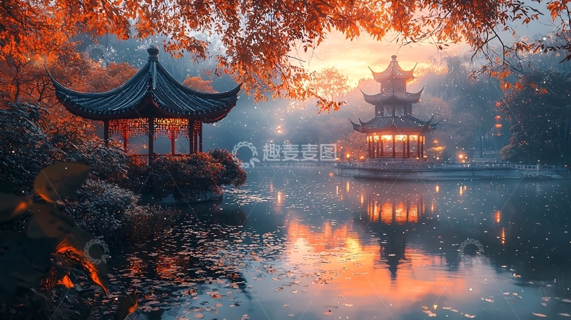 高清大图下载【趣麦麦图】清晨中式园林湖光山色