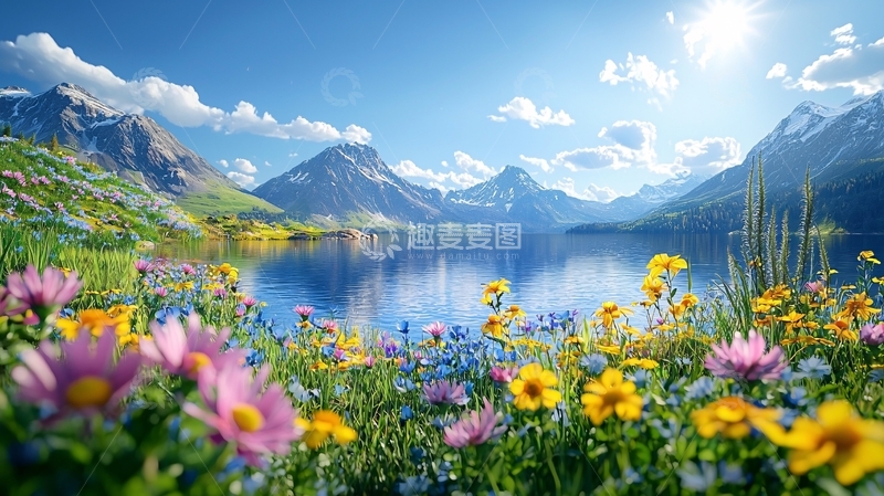高清大图下载【趣麦麦图】阳光明媚的阿尔卑斯山湖景