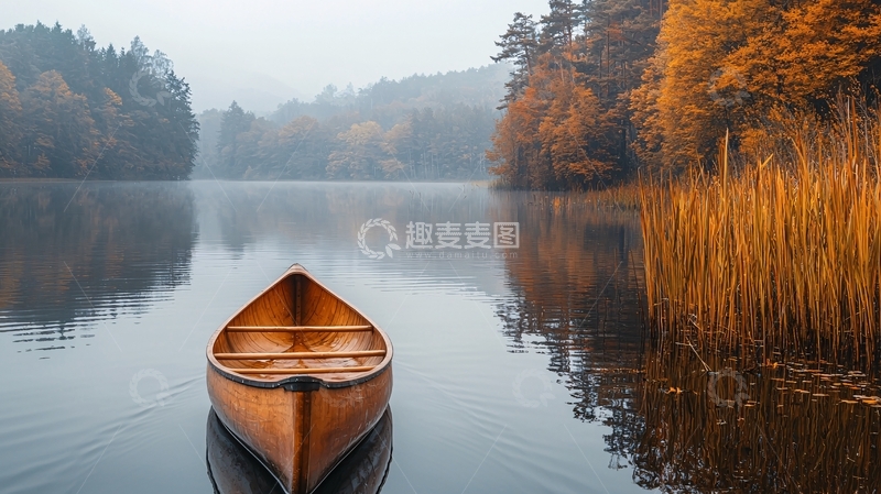 高清大图下载【趣麦麦图】秋日雾气湖面独木舟