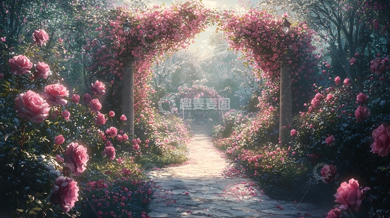 高清大图下载【趣麦麦图】梦幻粉色玫瑰花拱门花园小径