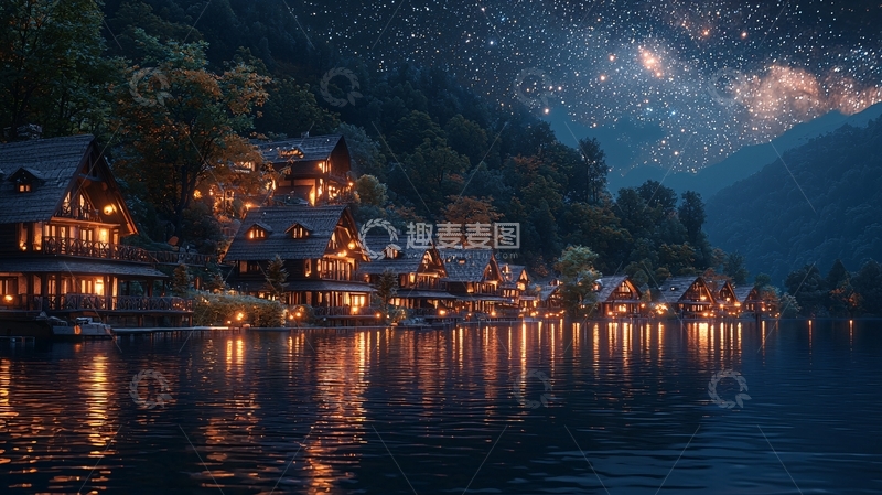 高清大图下载【趣麦麦图】星空下的湖边小屋