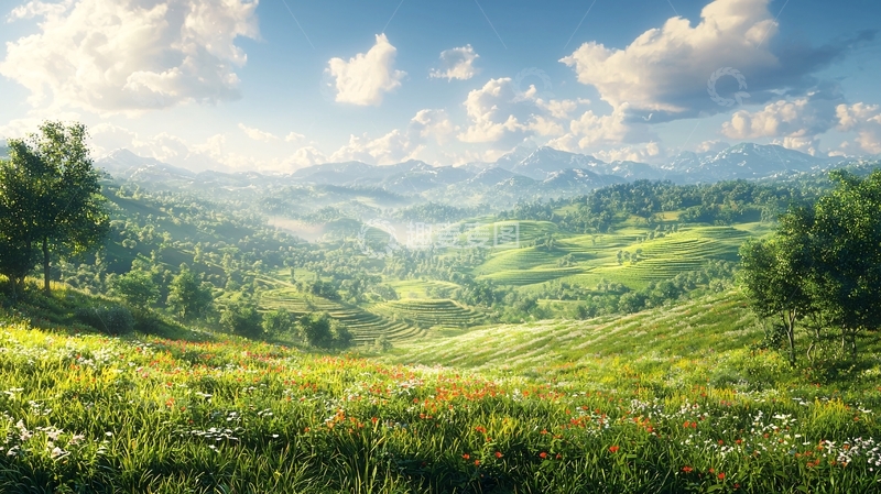 高清大图下载【趣麦麦图】阳光明媚的山谷田园风光