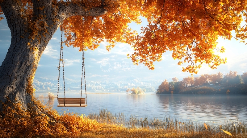 高清大图下载【趣麦麦图】秋日湖边树下秋千
