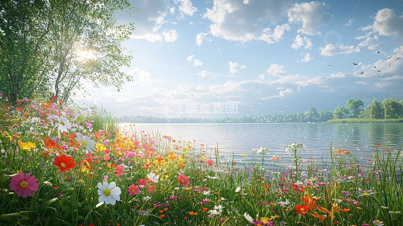 高清大图下载【趣麦麦图】阳光明媚的湖边野花