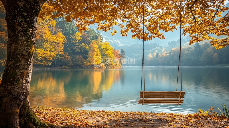 高清大图下载【趣麦麦图】秋日湖边秋千