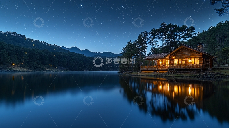 高清大图下载【趣麦麦图】夜晚湖边木屋