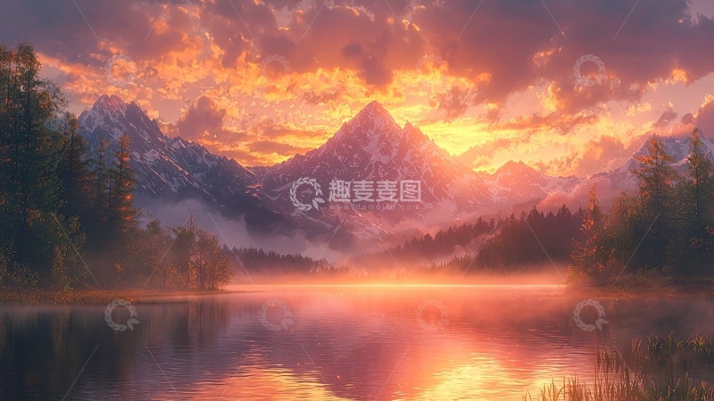 高清大图下载【趣麦麦图】燃烧的日落雪山湖泊